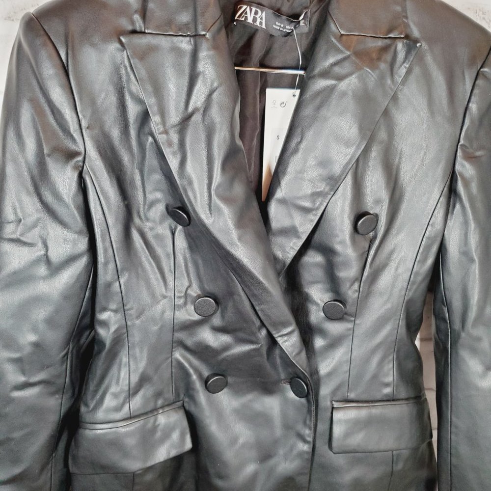 zara faux leather blazer size small black nwt - Picture 4 of 6